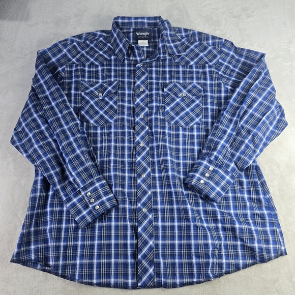 Wrangler Western Blue Plaid Pearl Snap Long Sleeve Cowboy Shirt Sz 2XL - Picture 1 of 8